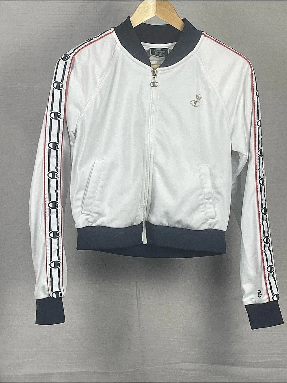 Champion White Track Jacket Logo Tape Sleeves Crown Logo Sz S